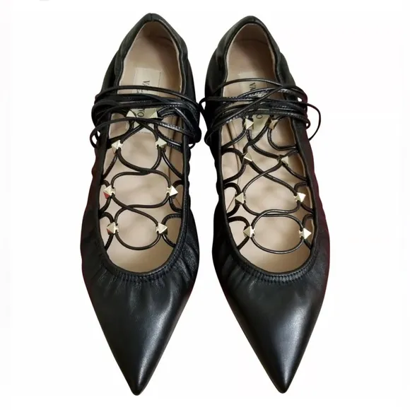 Valentino Garavani Rockstud Lace-Up Black Leather Pointed Ballerina Flats 36.5