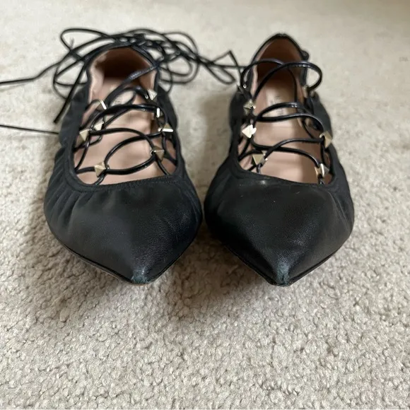 Valentino Garavani Rockstud Lace-Up Black Leather Pointed Ballerina Flats 36.5