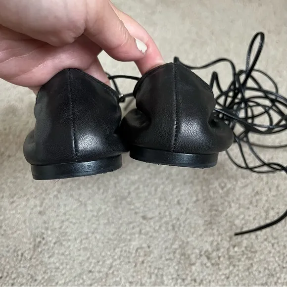 Valentino Garavani Rockstud Lace-Up Black Leather Pointed Ballerina Flats 36.5