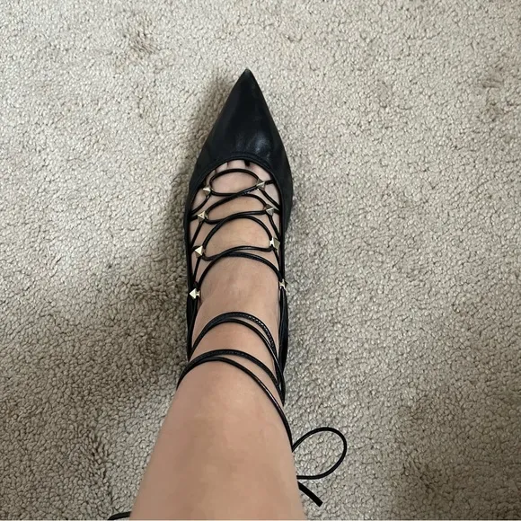Valentino Garavani Rockstud Lace-Up Black Leather Pointed Ballerina Flats 36.5