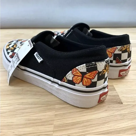 Vans Asher Butterfly Checkerboard Slip On Shoes Womens Size 6 Black VN000VOSJBW