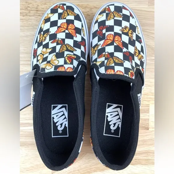 Vans Asher Butterfly Checkerboard Slip On Shoes Womens Size 6 Black VN000VOSJBW