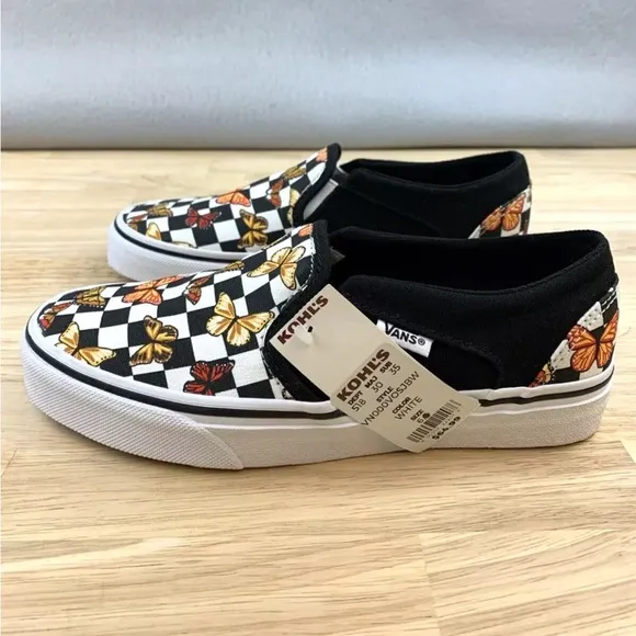 Vans Asher Butterfly Checkerboard Slip On Shoes Womens Size 6 Black VN000VOSJBW