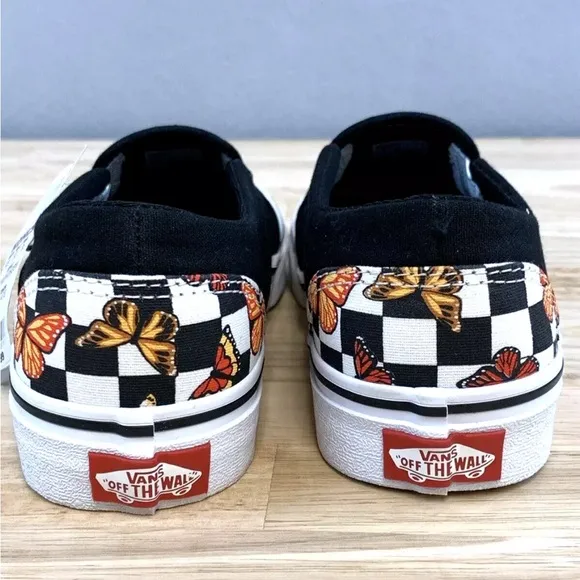 Vans Asher Butterfly Checkerboard Slip On Shoes Womens Size 6 Black VN000VOSJBW