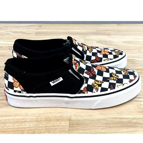 Vans Asher Butterfly Checkerboard Slip On Shoes Womens Size 6 Black VN000VOSJBW