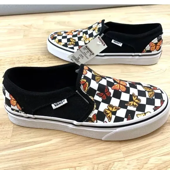 Vans Asher Butterfly Checkerboard Slip On Shoes Womens Size 6 Black VN000VOSJBW