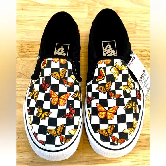 Vans Asher Butterfly Checkerboard Slip On Shoes Womens Size 6 Black VN000VOSJBW