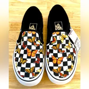 Vans Asher Butterfly Checkerboard Slip On Shoes Womens Size 6 Black VN000VOSJBW