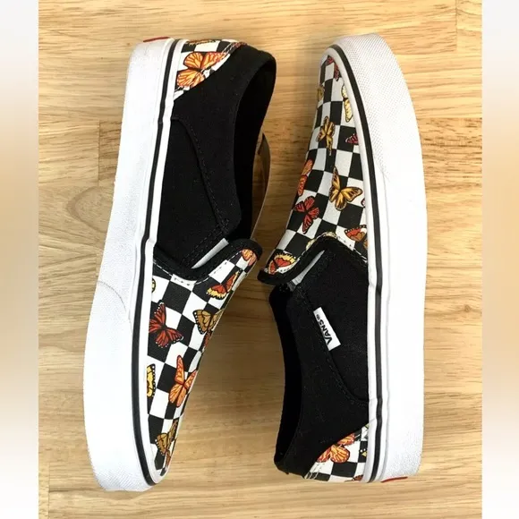 Vans Asher Butterfly Checkerboard Slip On Shoes Womens Size 6 Black VN000VOSJBW