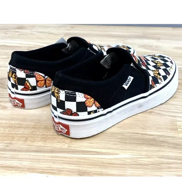 Vans Asher Butterfly Checkerboard Slip On Shoes Womens Size 6 Black VN000VOSJBW