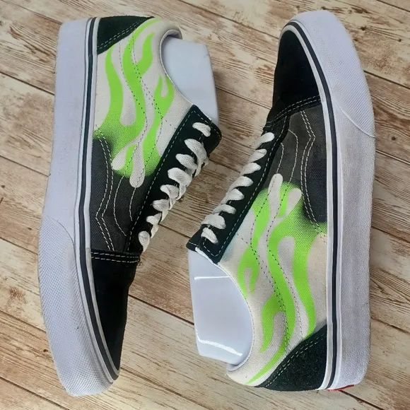 Vans Black White Canvas Neon Green Flames Suede Old Skool Skate Shoes Men's 6.5
