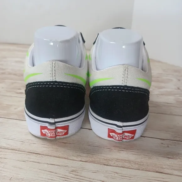 Vans Black White Canvas Neon Green Flames Suede Old Skool Skate Shoes Men's 6.5