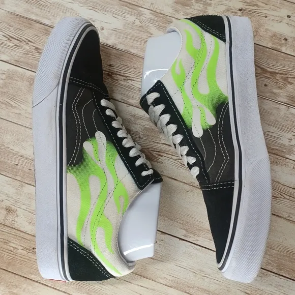 Vans Black White Canvas Neon Green Flames Suede Old Skool Skate Shoes Men's 6.5