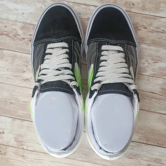 Vans Black White Canvas Neon Green Flames Suede Old Skool Skate Shoes Men's 6.5