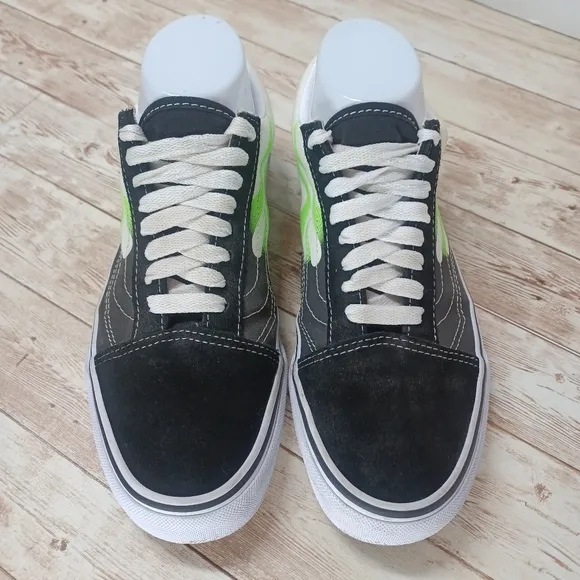 Vans Black White Canvas Neon Green Flames Suede Old Skool Skate Shoes Men's 6.5