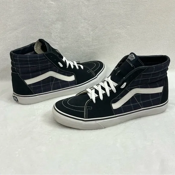 Vans Classic Old Skool Sk8-Hi Navy Blue Suede Plaid Skate Sneaker Shoes Mens 12