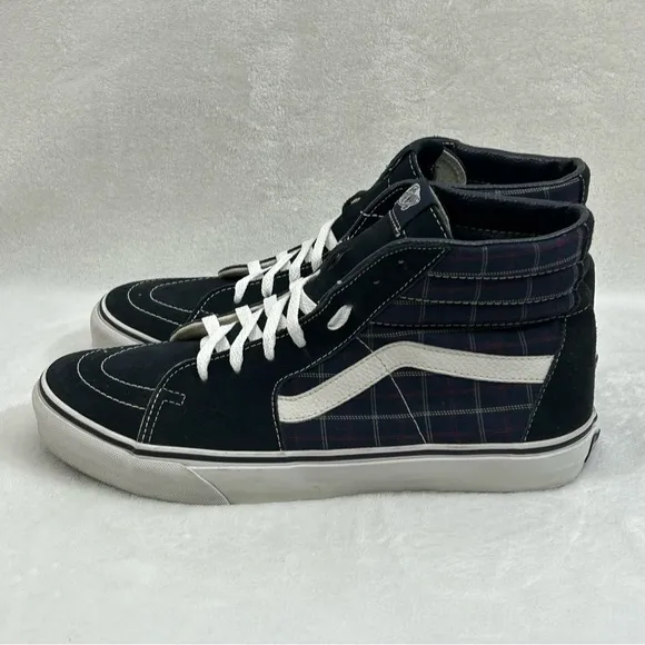 Vans Classic Old Skool Sk8-Hi Navy Blue Suede Plaid Skate Sneaker Shoes Mens 12