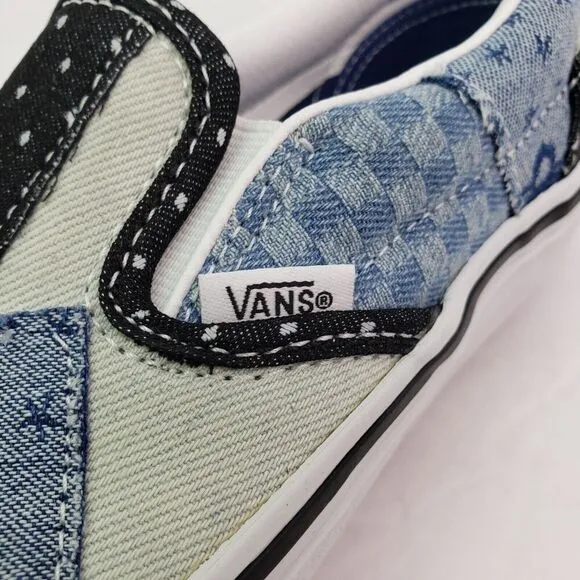 Vans Kinds Girls Size 2Y Navy True White Denim Patchwork Classic Slip On Shoes