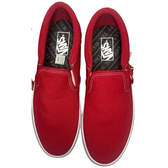 Vans Men's Asher Checker Sidewall Racing Red Canvas Slip On Skate Shoes-Sz 10M