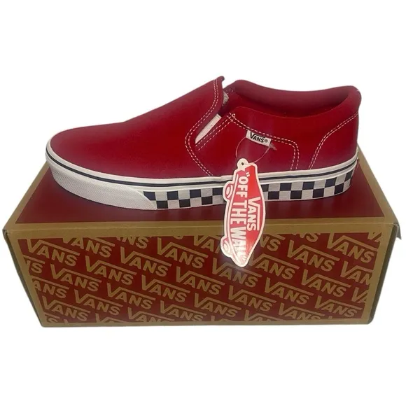 Vans Men's Asher Checker Sidewall Racing Red Canvas Slip On Skate Shoes-Sz 10M