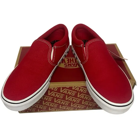 Vans Men's Asher Checker Sidewall Racing Red Canvas Slip On Skate Shoes-Sz 10M