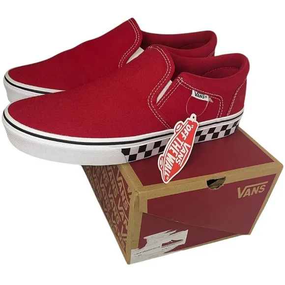 Vans Men's Asher Checker Sidewall Racing Red Canvas Slip On Skate Shoes-Sz 10M