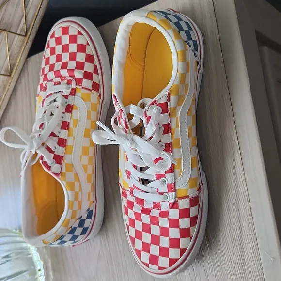 Vans Old Skool Red Yellow Blue Checkerboard Skate Shoes