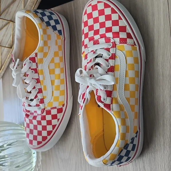 Vans Old Skool Red Yellow Blue Checkerboard Skate Shoes