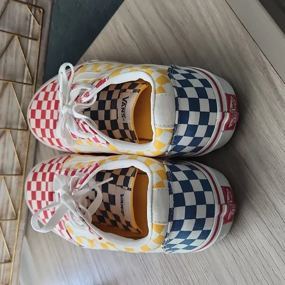 Vans Old Skool Red Yellow Blue Checkerboard Skate Shoes