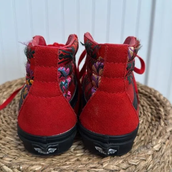 Vans Rare Sk8-Hi Red Reissue Floral Embroidered Festival Satin Skate Shoes W8