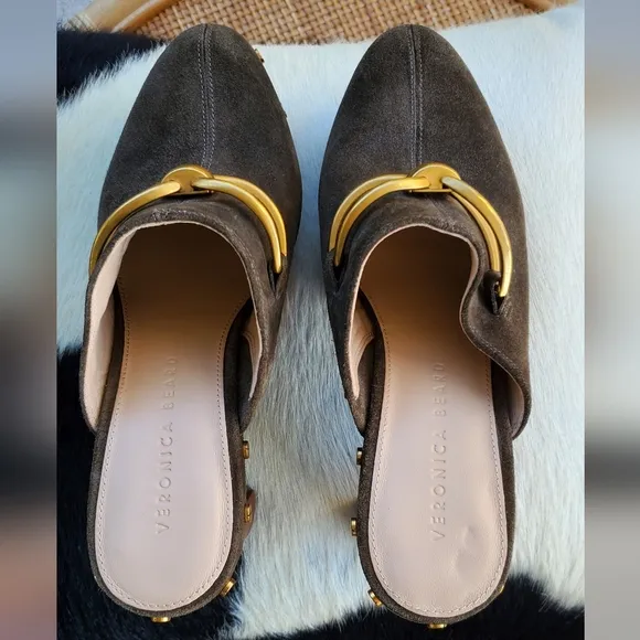 Veronica Beard Giles Dacey Suede Bit Mule Platform Clogs with Gold Accents Sz 7