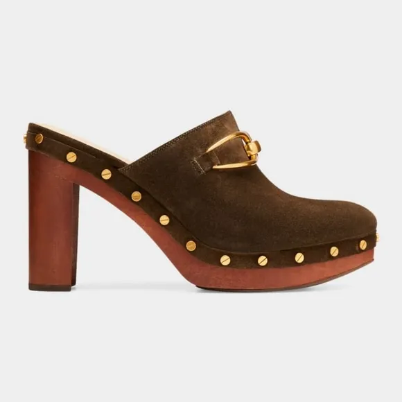 Veronica Beard Giles Dacey Suede Bit Mule Platform Clogs with Gold Accents Sz 7
