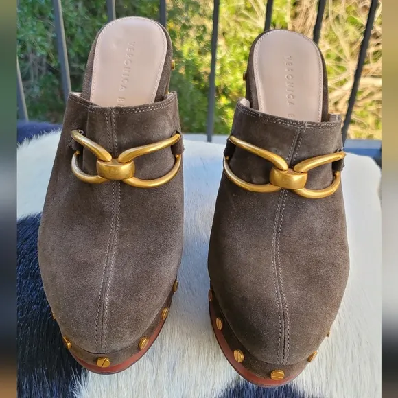 Veronica Beard Giles Dacey Suede Bit Mule Platform Clogs with Gold Accents Sz 7