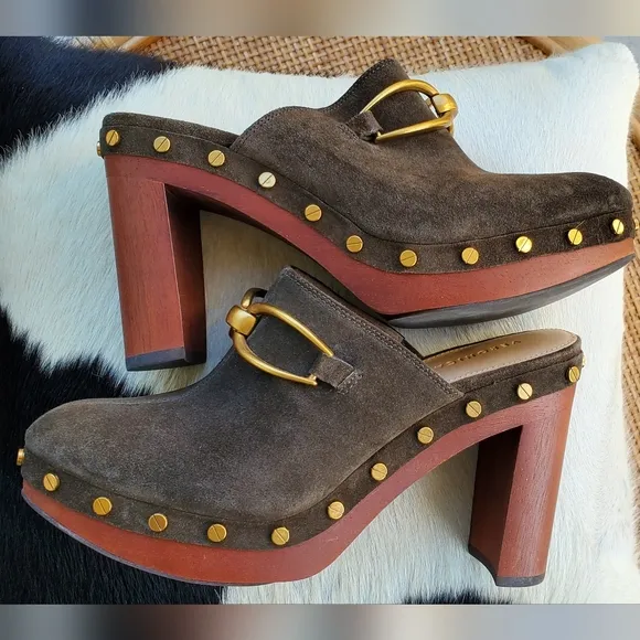 Veronica Beard Giles Dacey Suede Bit Mule Platform Clogs with Gold Accents Sz 7