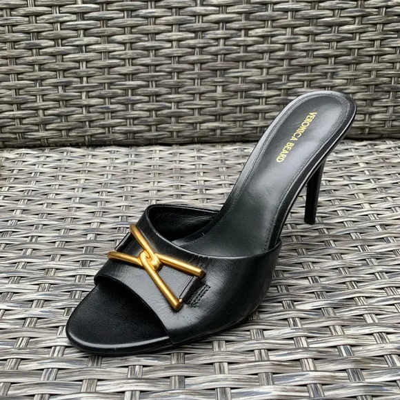 Veronica Beard Leather Slide Mule Sandals in Black, Size 9