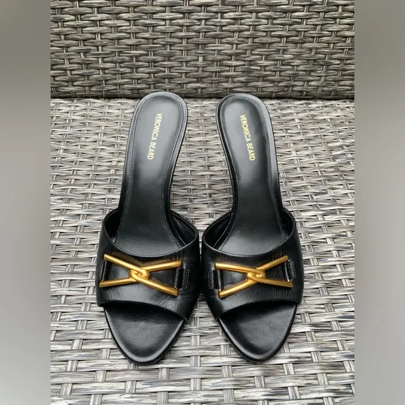 Veronica Beard Leather Slide Mule Sandals in Black, Size 9