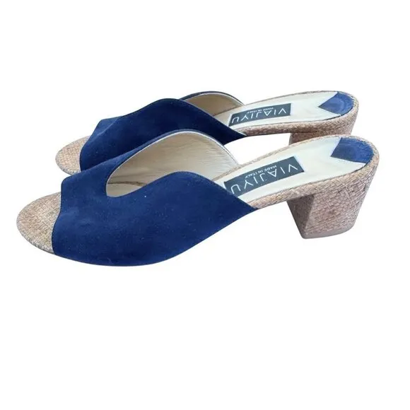 Viajiyu Blue Suede Peep Toe Sandals W/Woven Block Heel For Women Size 37- LT3246