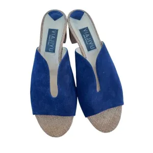 Viajiyu Blue Suede Peep Toe Sandals W/Woven Block Heel For Women Size 37- LT3246
