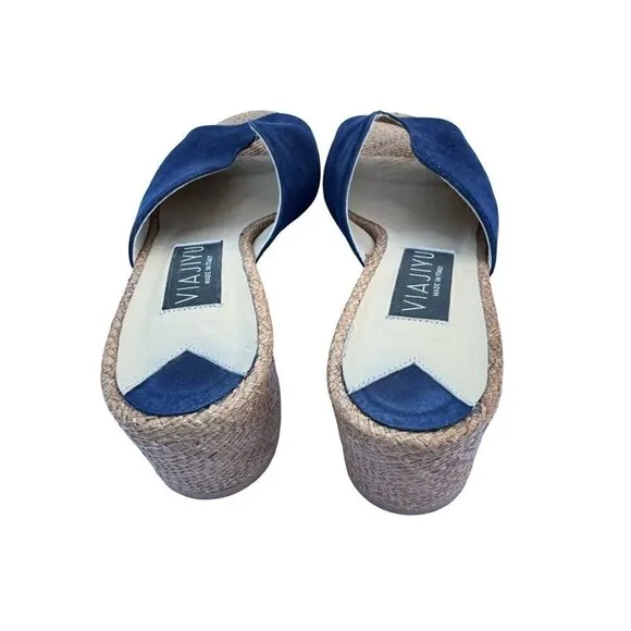 Viajiyu Blue Suede Peep Toe Sandals W/Woven Block Heel For Women Size 37- LT3246