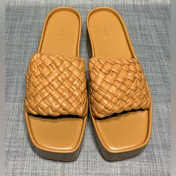 Vince Mari Slip On Platform Wedge Sandals Tan Leather Size 11