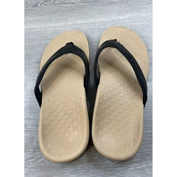 Vionic 44 Tide TVW1002 Women's 9 Black Leather Toe Post Slip-On Flip-Flop Sandal