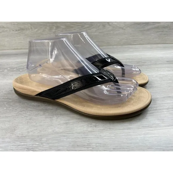 Vionic 44 Tide TVW1002 Women's 9 Black Leather Toe Post Slip-On Flip-Flop Sandal
