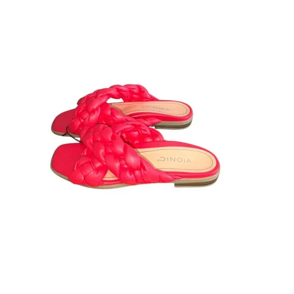 Vionic Kalina in Poppy Pink Braided Woven Leather Slide Sandals NWT Womens 7