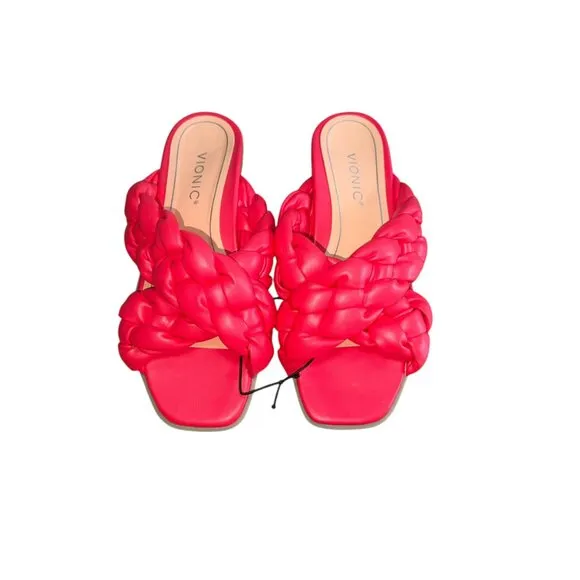 Vionic Kalina in Poppy Pink Braided Woven Leather Slide Sandals NWT Womens 7