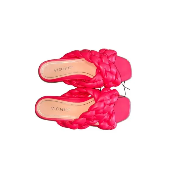 Vionic Kalina in Poppy Pink Braided Woven Leather Slide Sandals NWT Womens 7