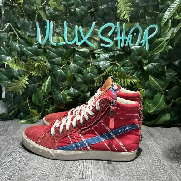 Vtg Diesel D-String Plus Shoes Red Blue Denim Suede High Tops Opium Mens Size 11