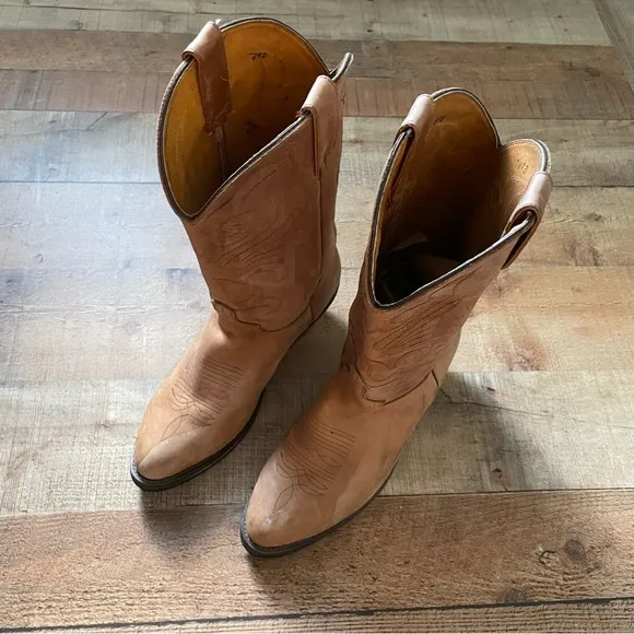 Western Cowboy Leather Boots Classic Natural Tan Mens Size 9