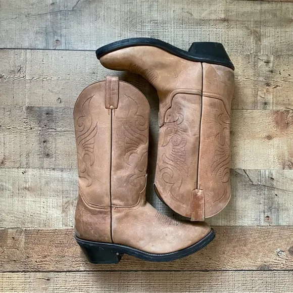 Western Cowboy Leather Boots Classic Natural Tan Mens Size 9
