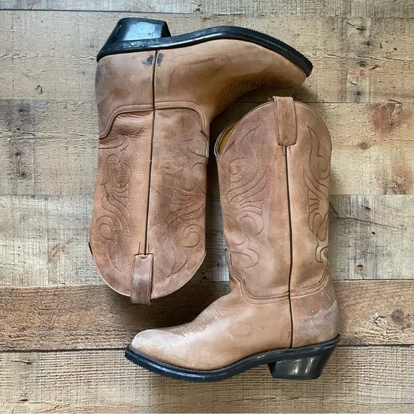 Western Cowboy Leather Boots Classic Natural Tan Mens Size 9