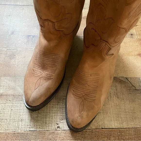 Western Cowboy Leather Boots Classic Natural Tan Mens Size 9